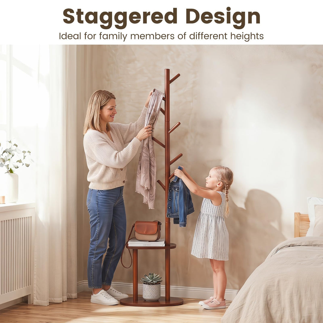 Giantex 70" Solid Wood Clothing Rack with 8 Hooks and 2 Storage Shelves