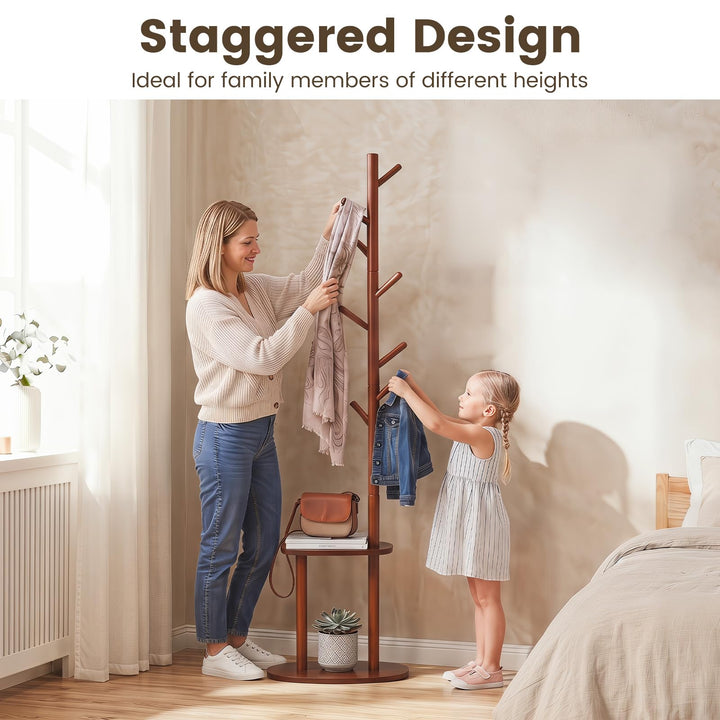 Giantex 70" Solid Wood Clothing Rack with 8 Hooks and 2 Storage Shelves