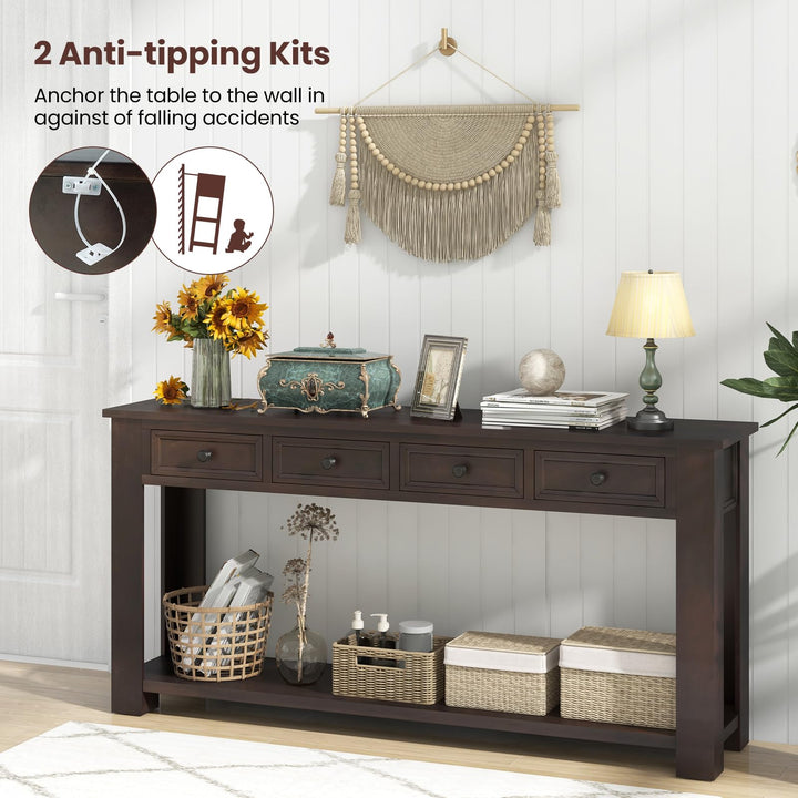Giantex 63" Farmhouse Entryway Table, Narrow Console Table w/ 4 Storage Drawers & Open Shelf