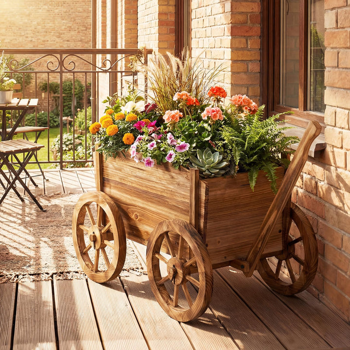 Giantex Wood Wagon Planter Rustic Rolling Flower Pot Stand