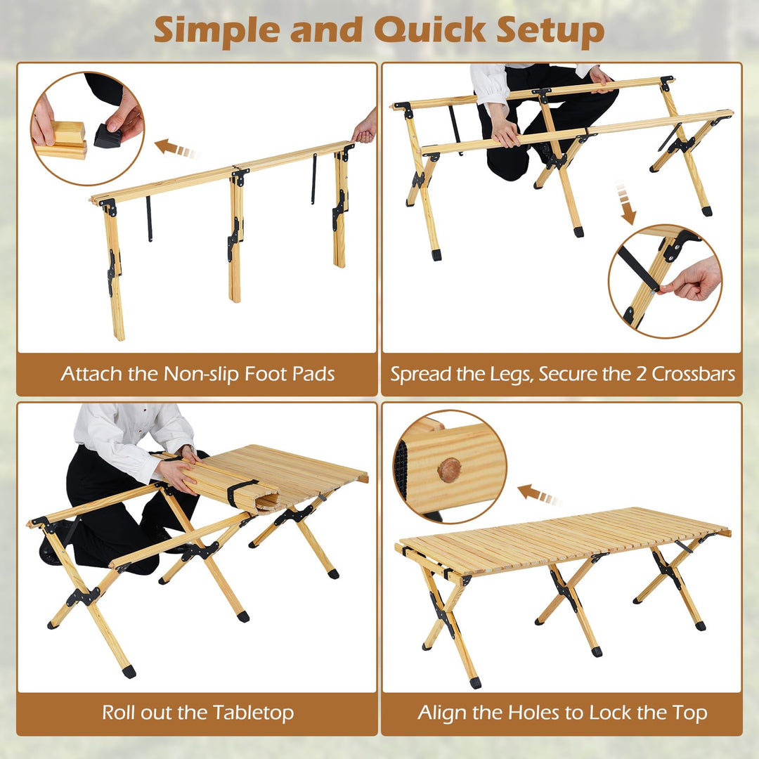 Giantex Portable Roll-Up Pine Wood Picnic Table with Carry Bag (48" L x 24" W x 18" H)