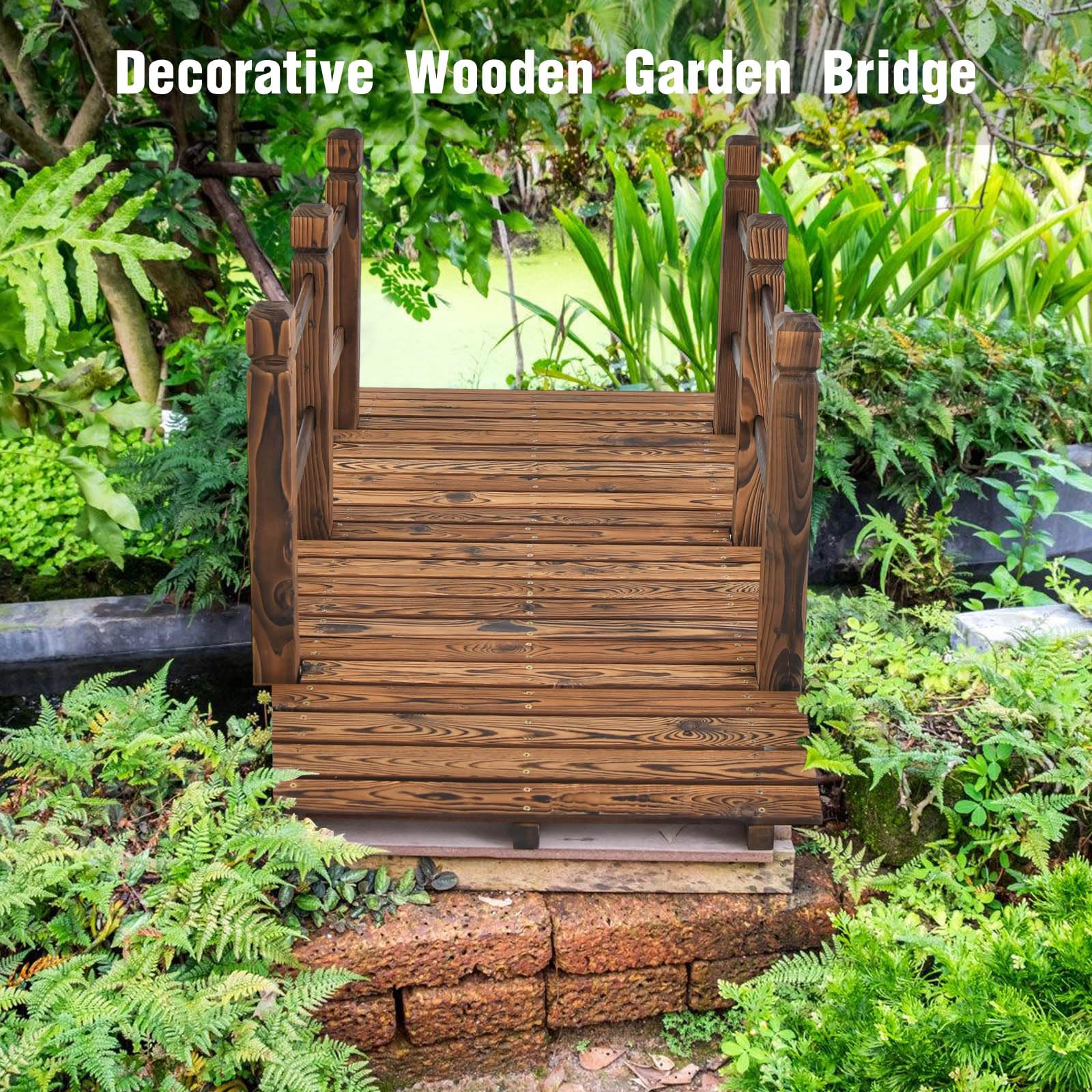 Giantex 5 ft Garden Bridge - Stained Wood Arc Footbridge Walkway