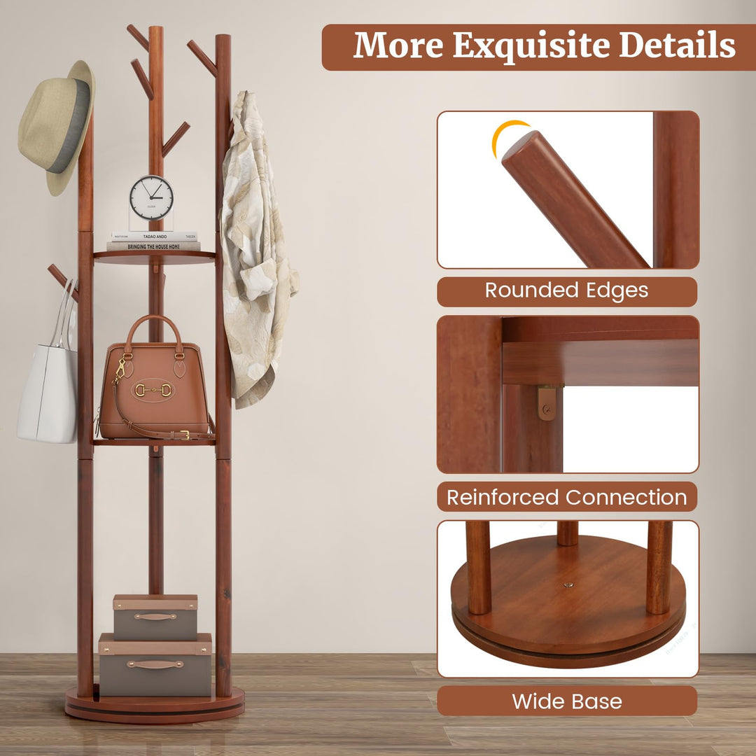 Giantex Coat Rack Freestanding, Wooden Rotary Coat Tree w/ 3 Display Storage Shelves & 9 Hooks