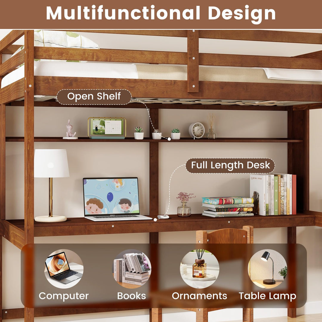 Giantex Twin Loft Bed with Desk and Bookshelf, Wooden Bed Frame with Safety Guardrail &amp; Ladder