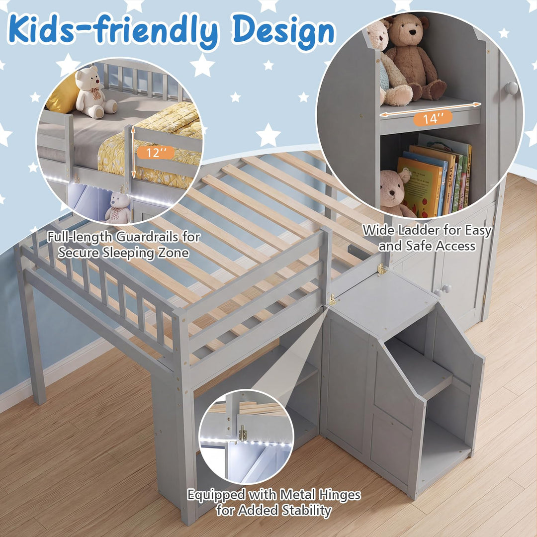 Giantex Low Loft Bed Twin Size with LED Lights, Wooden Bed Frame
