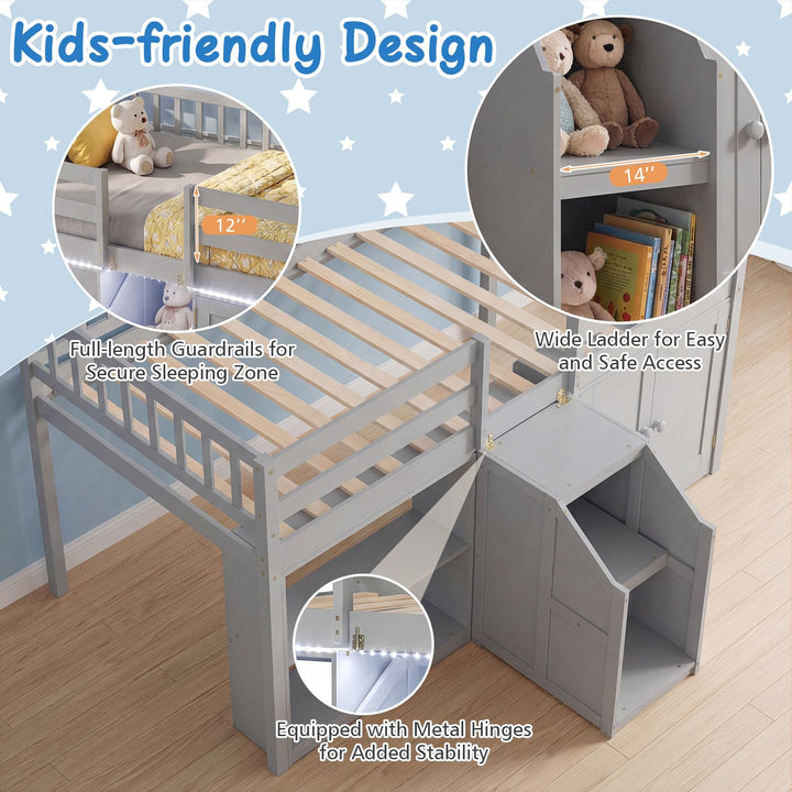 Giantex Low Loft Bed Twin Size with LED Lights, Wooden Bed Frame
