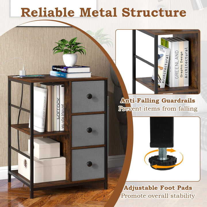 Giantex Industrial Nightstand with Charging Station - End Side Table w/3 Fabric Drawers