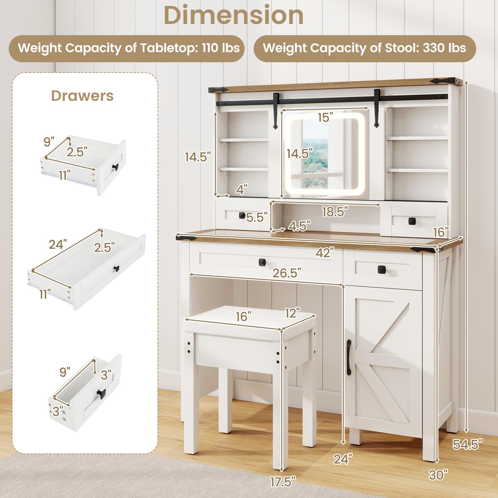 CHARMAID Farmhouse Vanity Desk with Barn-Style Sliding Mirror, Lights & Stool (42" Wide,White & Brown)
