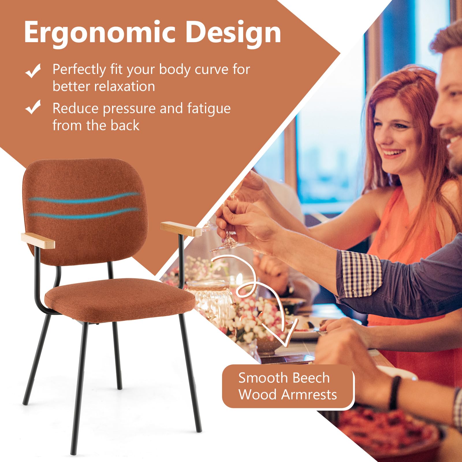 Modern Fabric Dining Chair Set of 2, Padded Armchairs with Linen Fabric