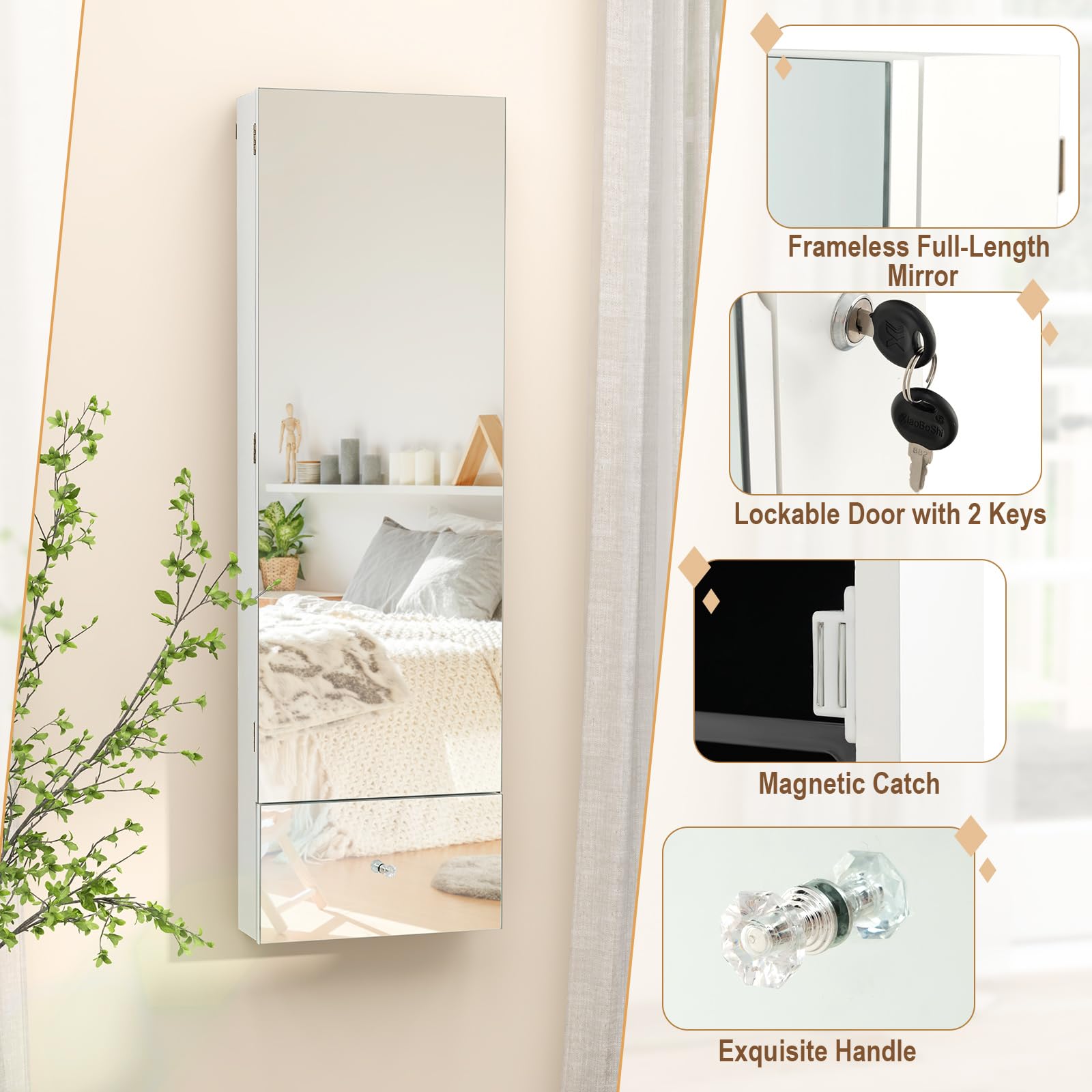 CHARMAID Jewelry Cabinet Wall Mounted, 47.2" Full Length Mirror, Lockable Jewelry Armoire with Tip out Storage Drawer