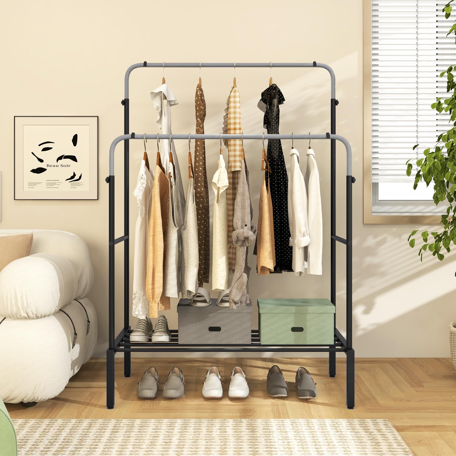 Giantex Double Rods Garment Rack, 2 Heights Adjustable Clothing Rack, Heavy Duty Metal Frame Hanging Clothes Rack