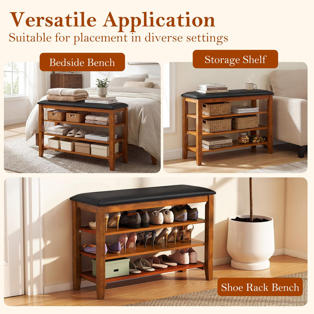 Giantex 4-Tier Shoe Rack Bench | Rubber Wood Entryway Bench with Adjustable Shelves