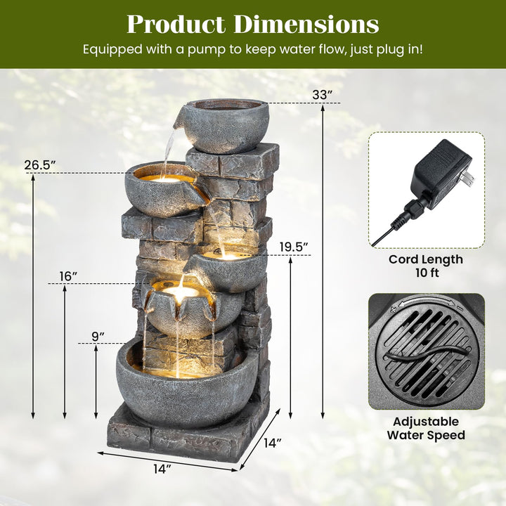 Giantex 33'' Water Fountain Outdoor with LED Lights & Pump