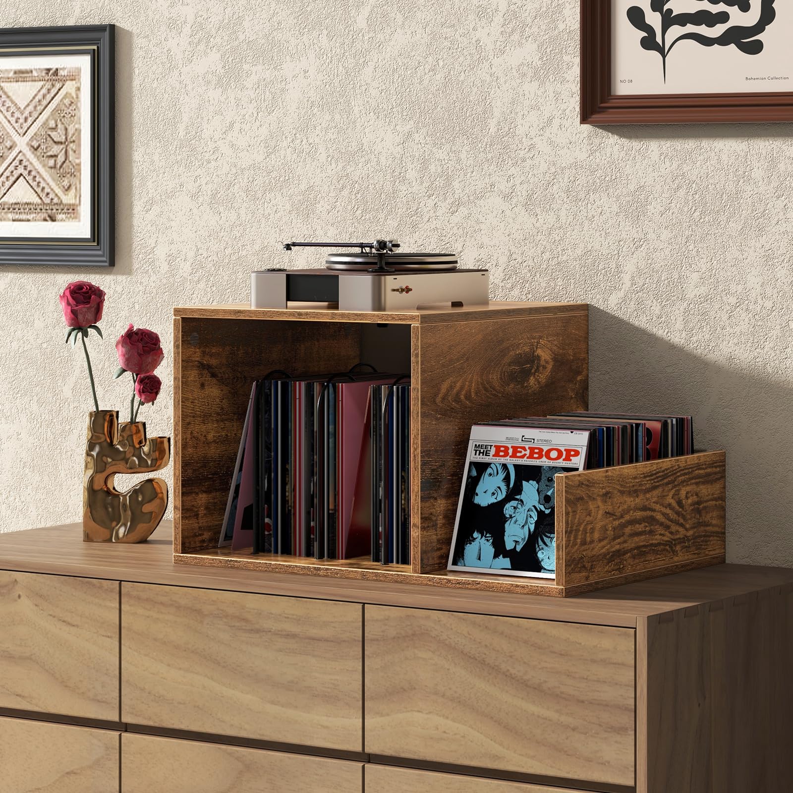 Giantex Record Player Stand with Charging Station, Turntable Stand with Vinyl Divider & Display Shelf