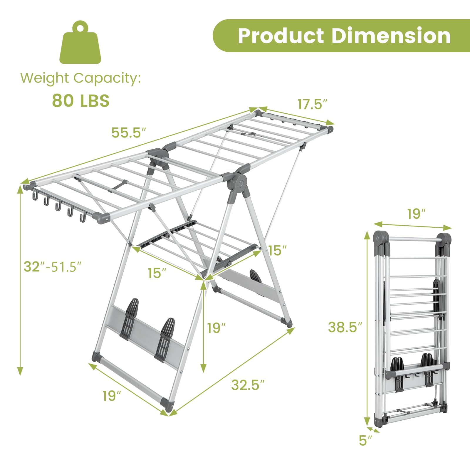 Giantex Clothes Drying Rack, 2-Layer Aluminum Foldable Laundry Drying Rack with 5-Level Adjustable Height