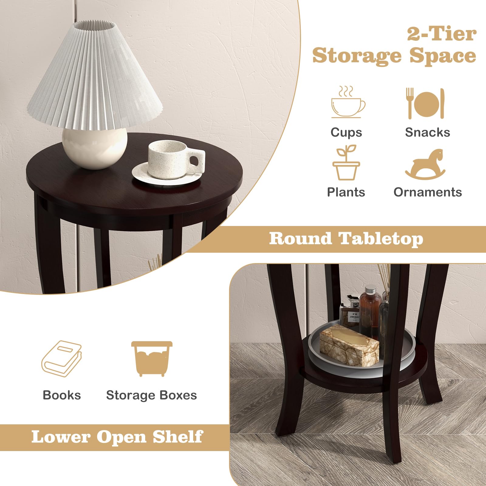 Giantex Round End Table with Storage Shelf Set of 2, Retro Nightstand with Solid Wood Legs, 24.5" Accent Table for Small Spaces