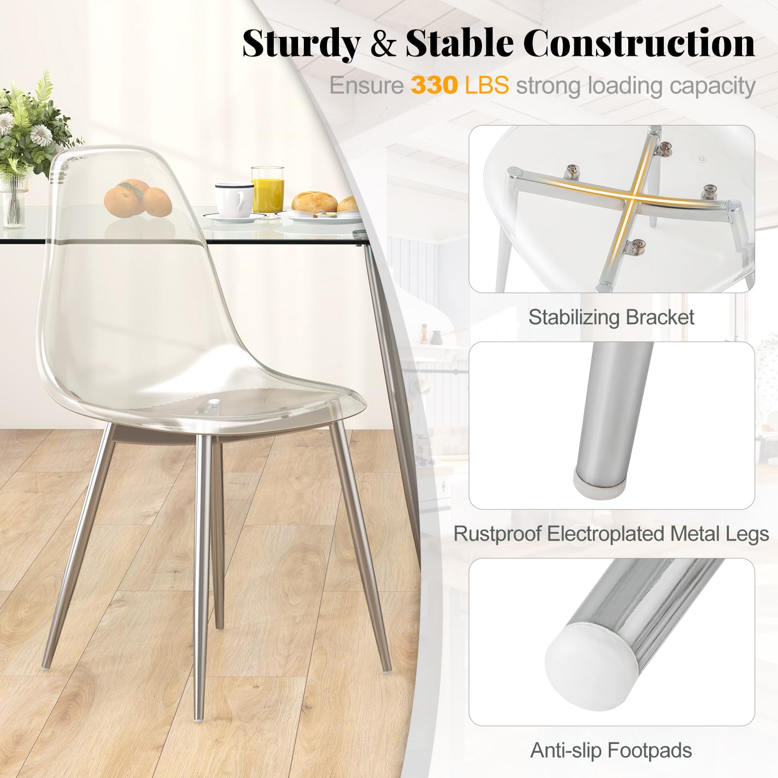 Giantex Clear Dining Chairs Set of 4, Kitchen Chairs w/Transparent Seat & Curved Back