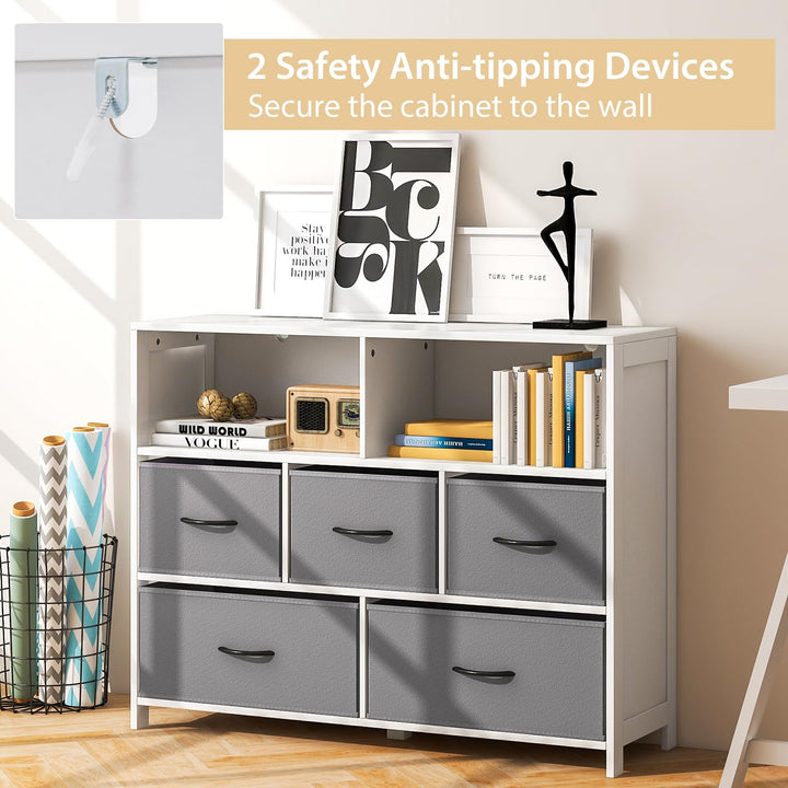 Giantex Storage Cabinet with 5 Drawers & 2 Cube Shelves, Chest of Drawers, Console Table, White & Grey
