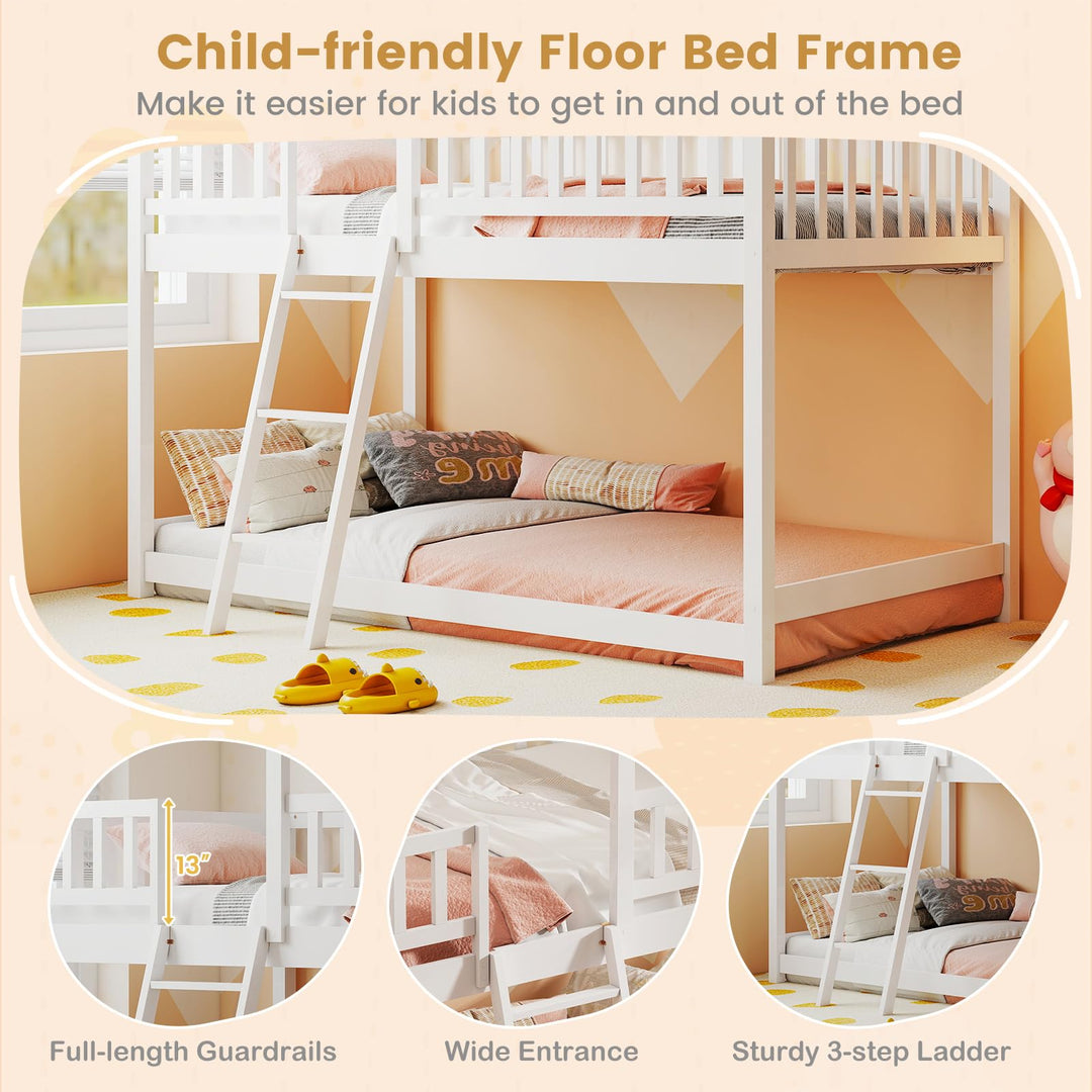 Twin Over Twin House Bunk Bed, Low Loft Bed Frame with Roof