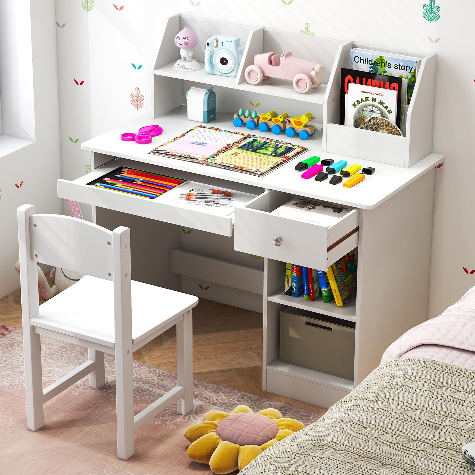 Giantex Kids Study Desk, Children Wooden Writing Table with Hutch