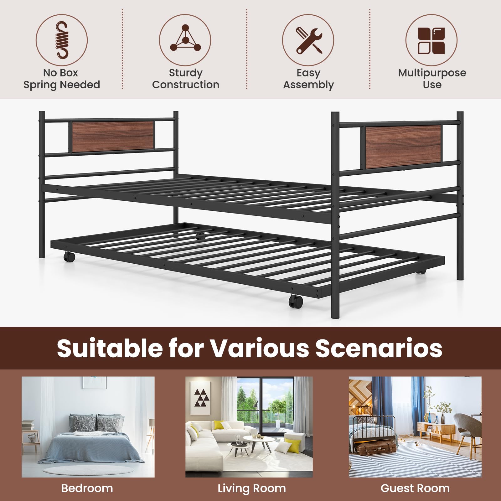 Giantex Metal Daybed with Trundle, Twin Size Day Bed with Wood Grain Headboard & Metal Slat Support