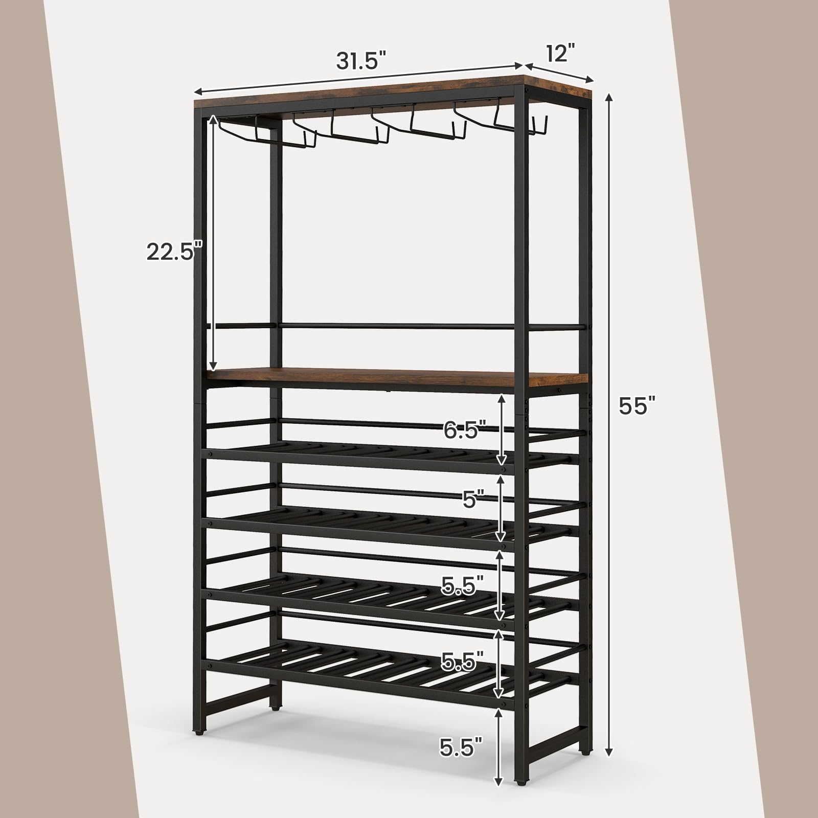 Floor Wine Rack w/ 4-Tier Wine Storage & 4 Rows of Stemware Racks