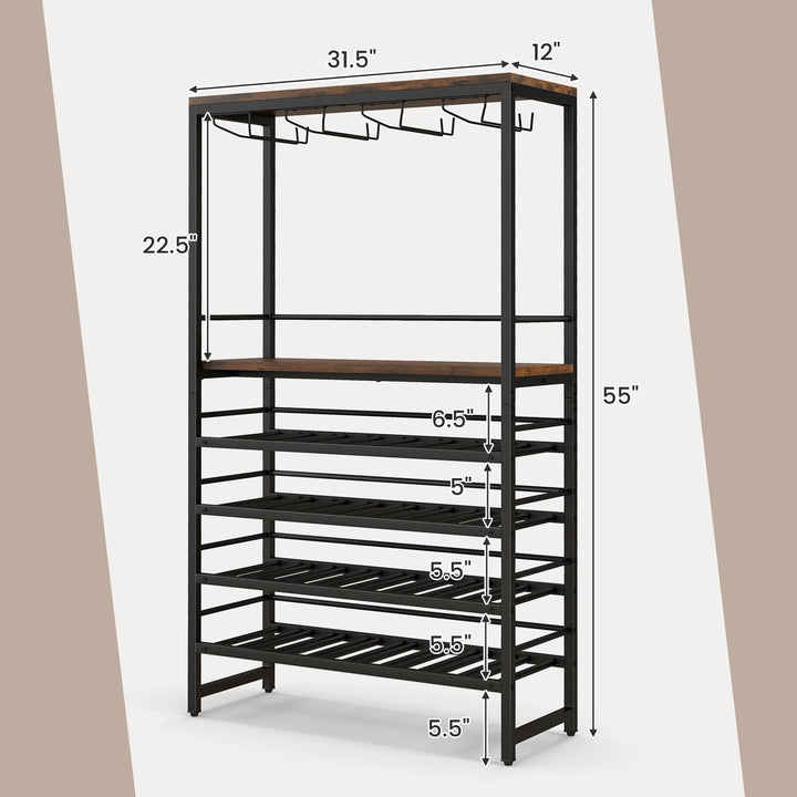 Floor Wine Rack w/ 4-Tier Wine Storage & 4 Rows of Stemware Racks