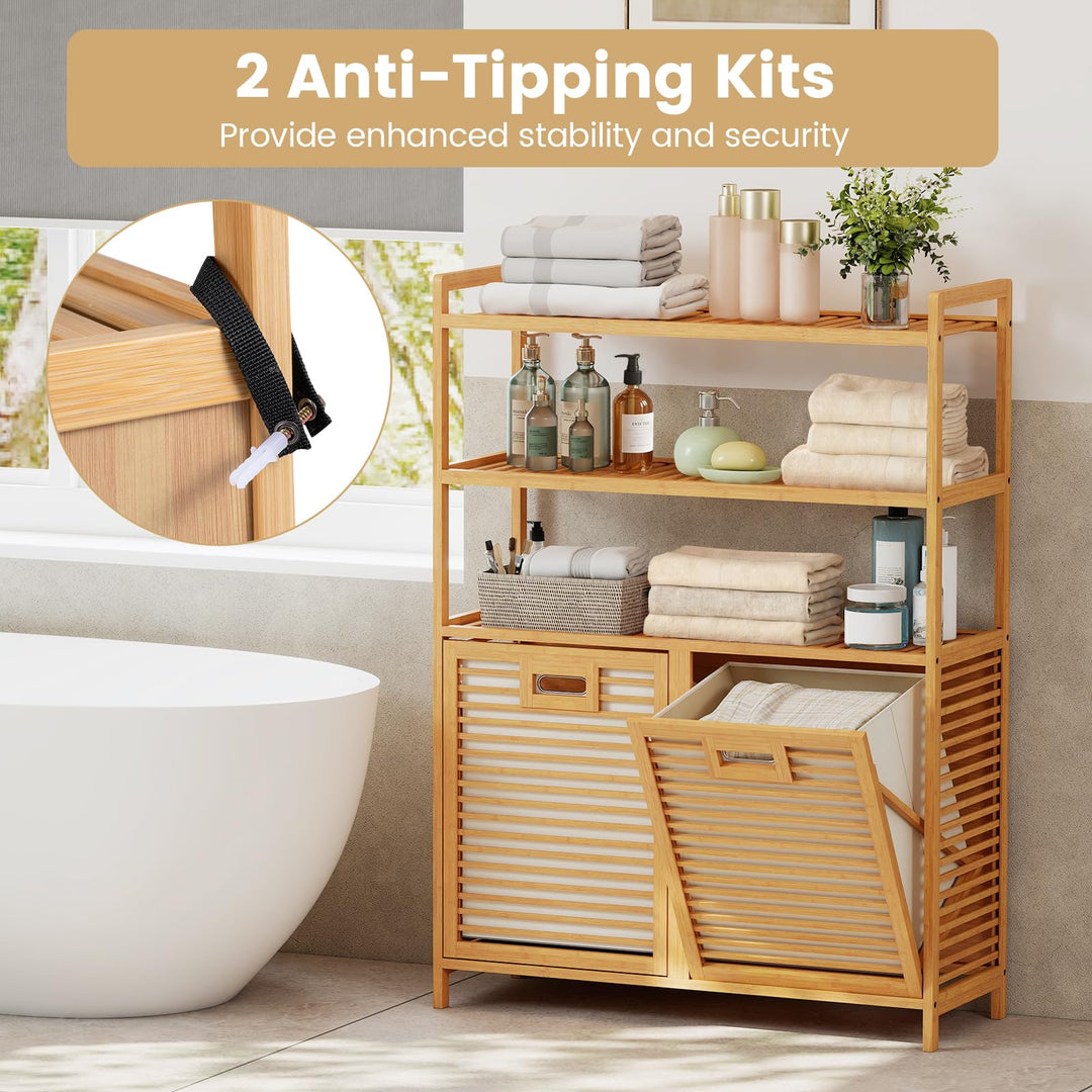 Giantex Double Tilt Out 14 Gal Bamboo Laundry Hamper with 3-Tier Storage Shelf