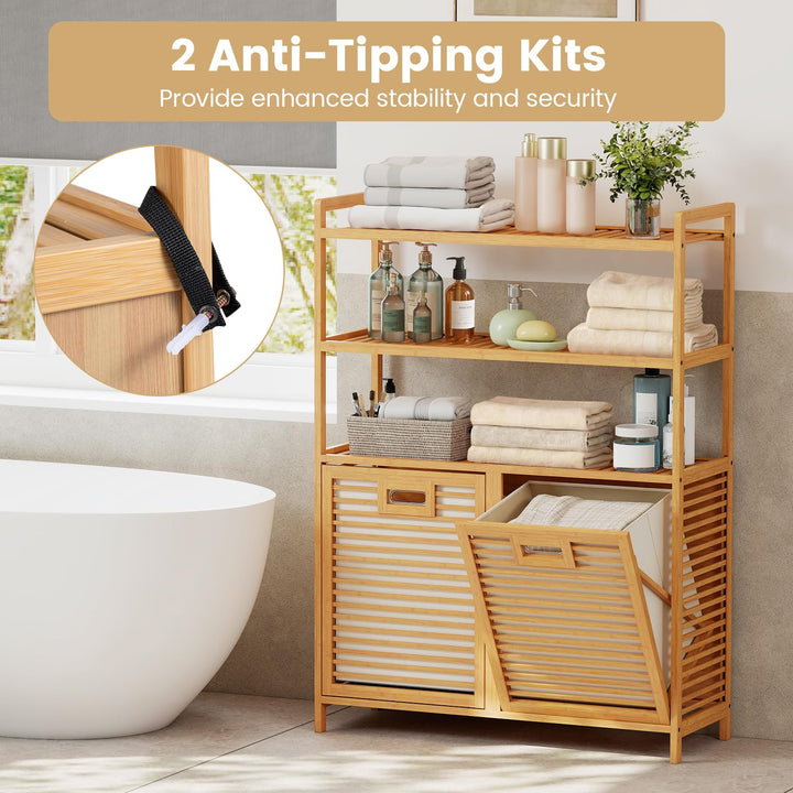 Giantex Double Tilt Out 14 Gal Bamboo Laundry Hamper with 3-Tier Storage Shelf