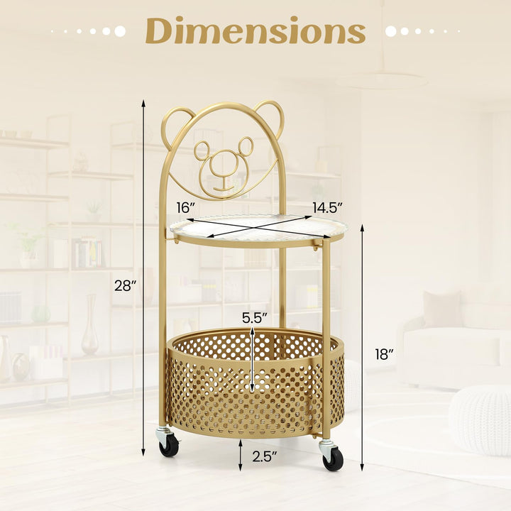 Giantex Mobile Glass Coffee Table, 2-Tier Round End Table with Bear Pattern, Storage Basket, Metal Frame