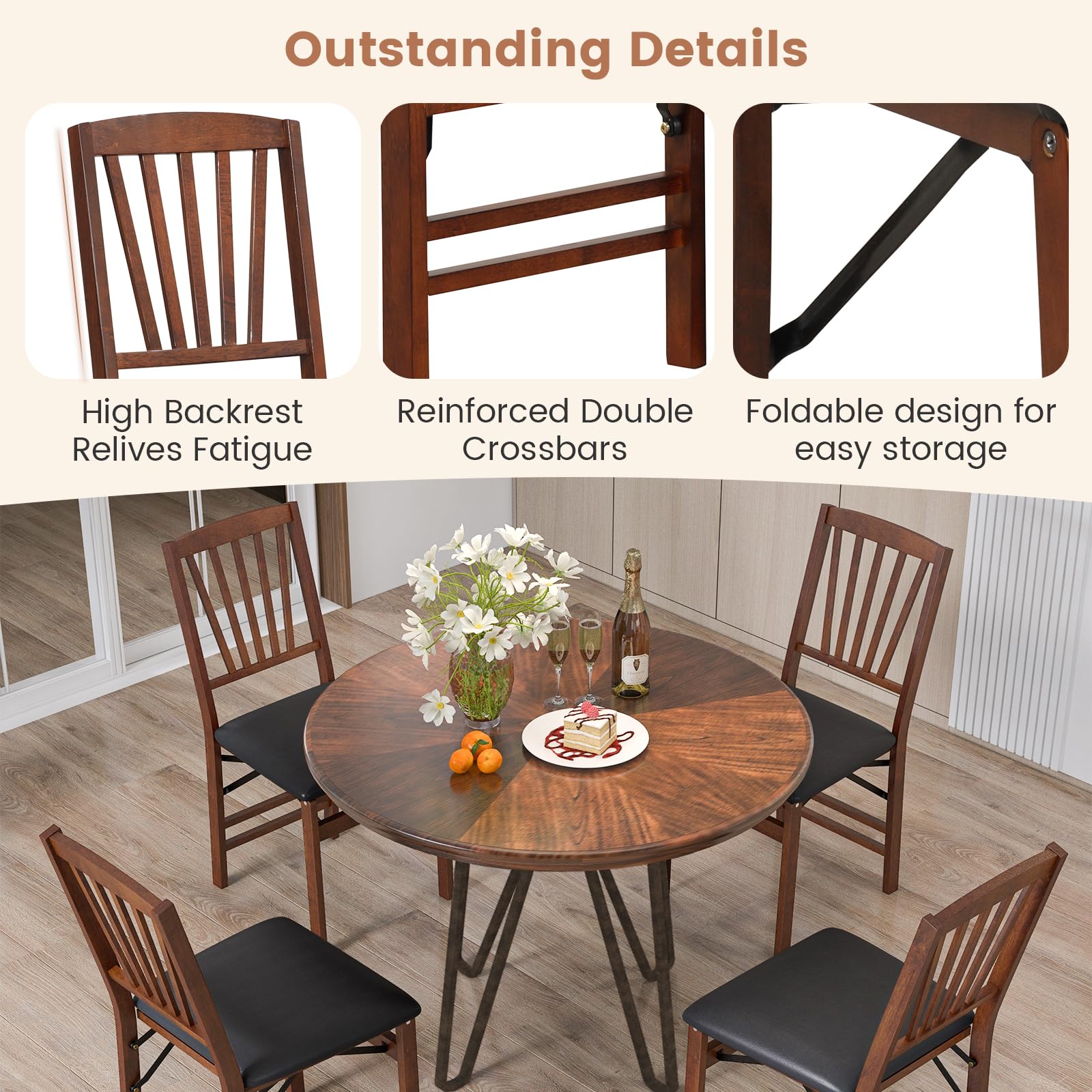 Giantex Folding Dining Chairs Set of 2, Foldable Wood Kitchen Chairs with Padded Seat