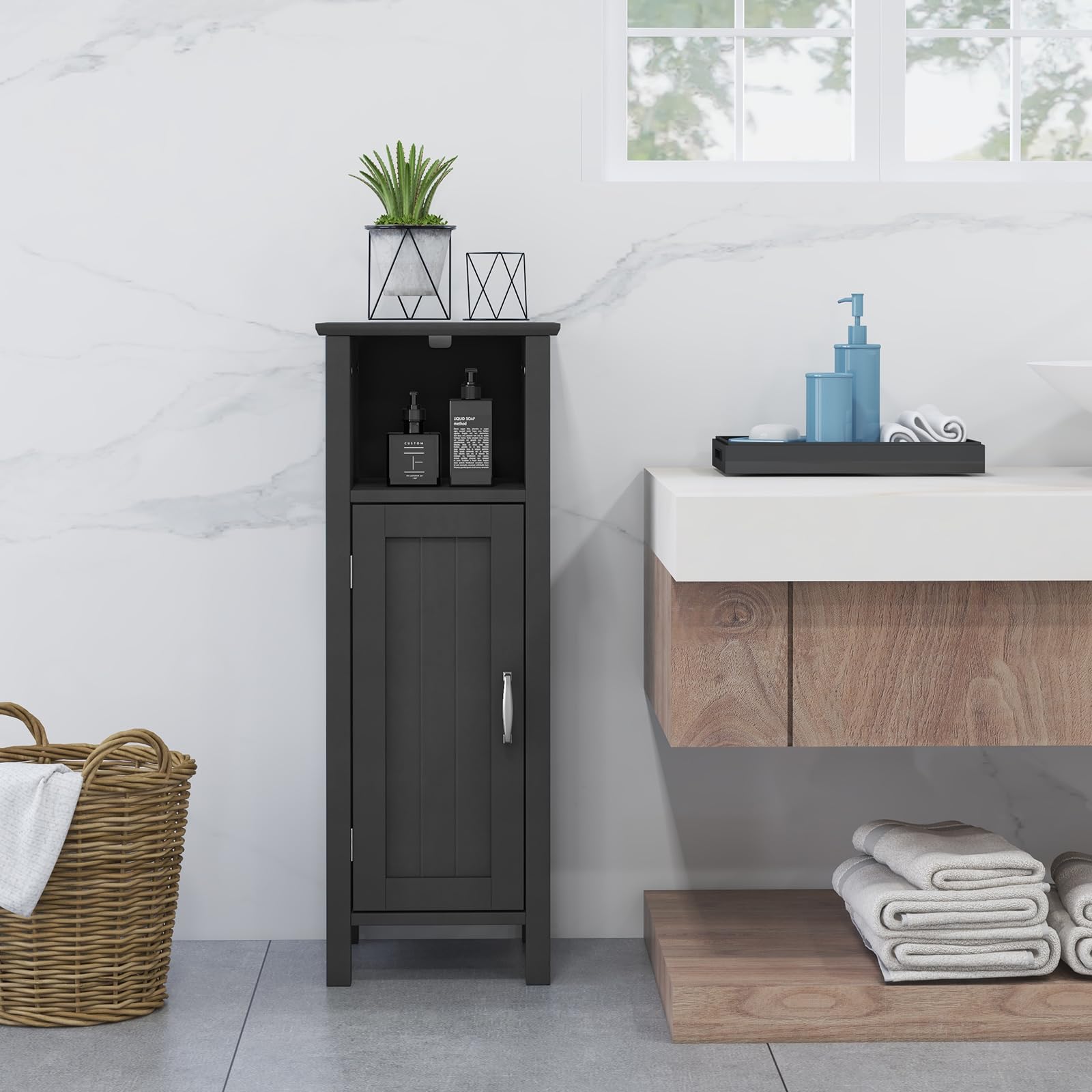 Giantex Narrow Bathroom Storage Cabinet - Corner Unit with Open Compartment, Adjustable Shelf