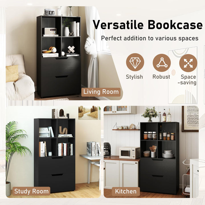 Giantex Bookshelf with 4 Cubes & 2 Drawers 51” Tall Floor Bookcase with Anti-tip Kits