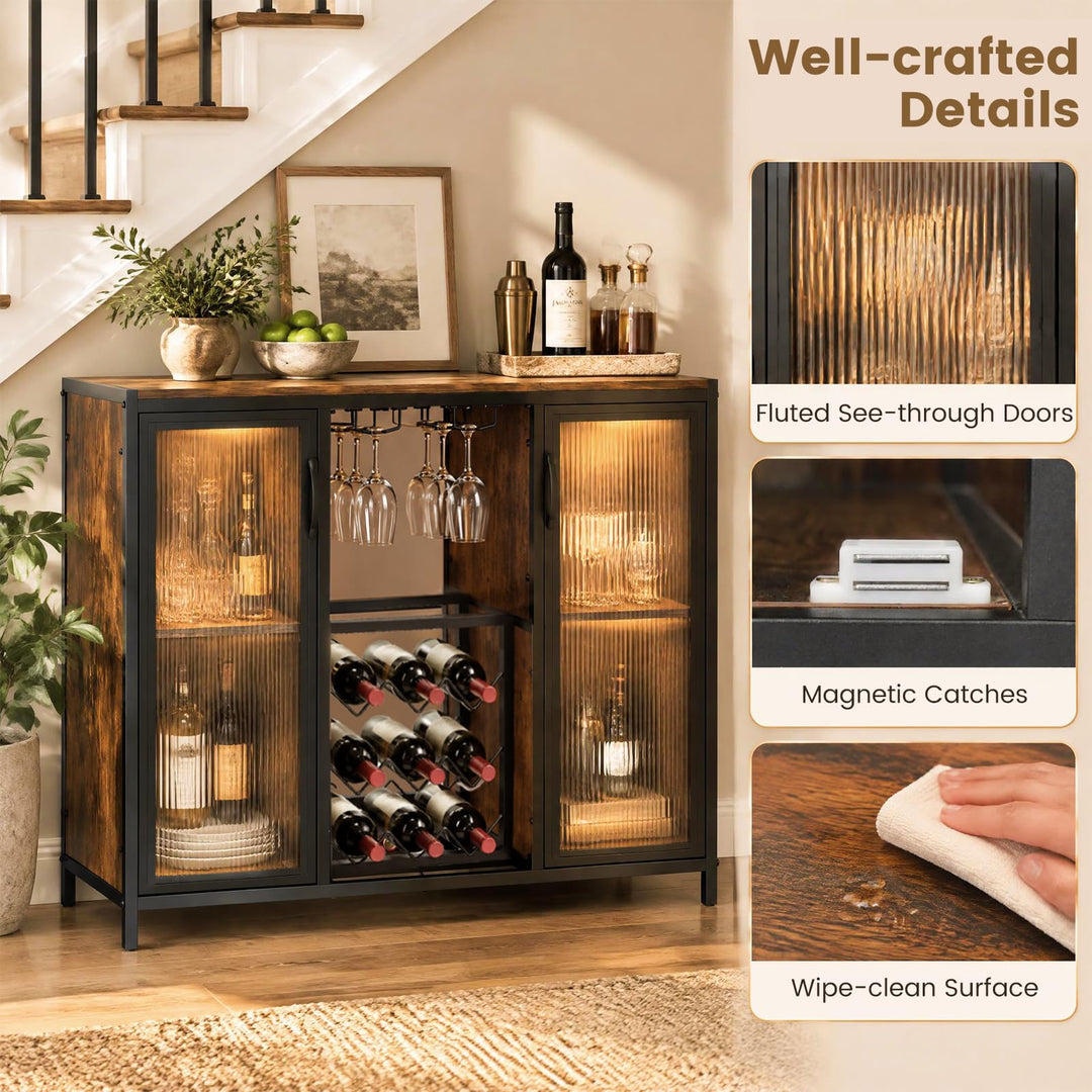 GIANTEX Modern Coffee Bar Cabinet with Wine Racks &amp; LED Lights