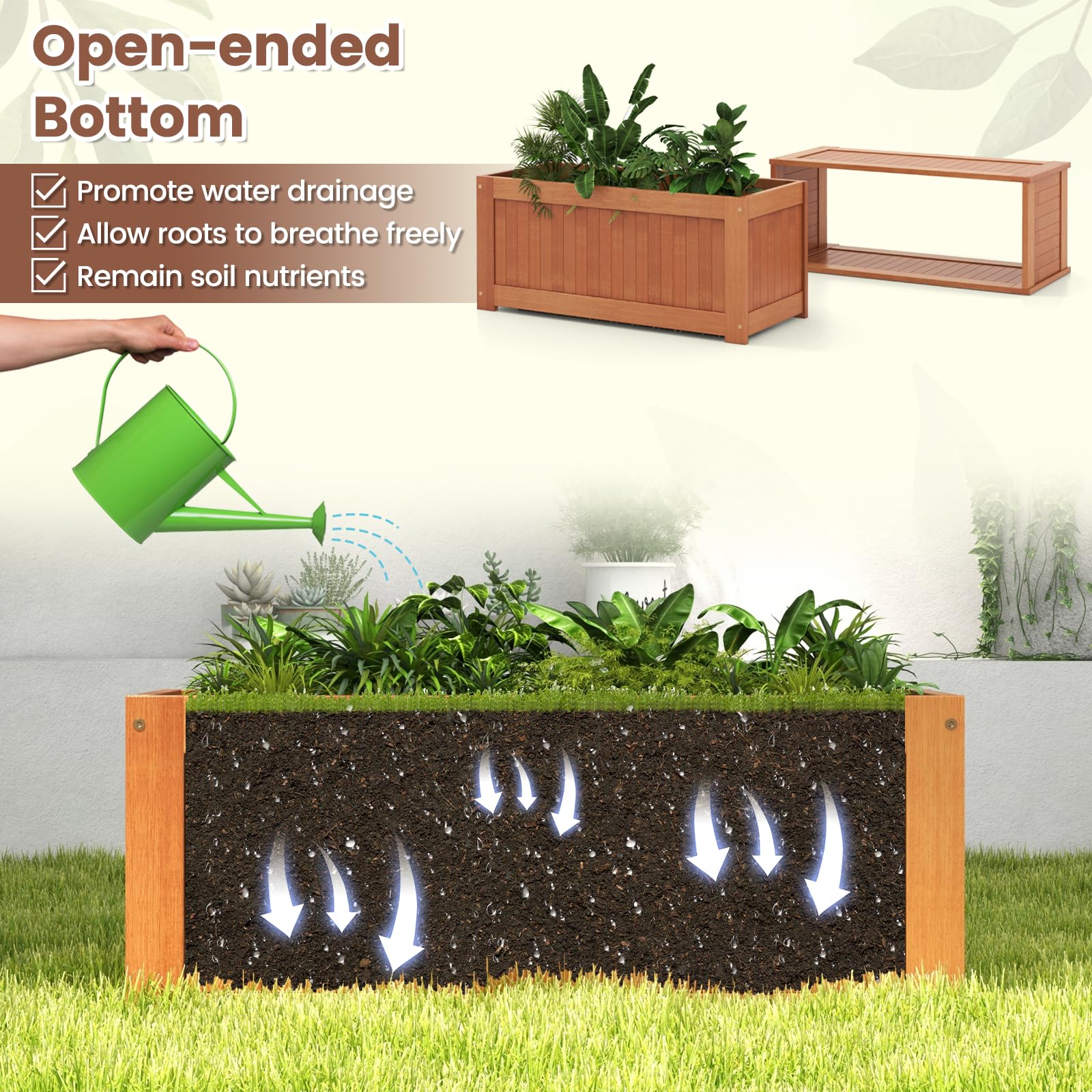 Giantex 2-in-1 Outdoor Bench, Wood Raised Garden Bed with Open Base, Teak Oil Finish