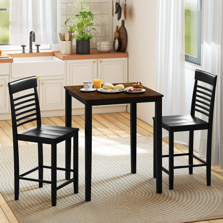 3-Piece Counter-Height Dining Table Set for 2 with Rubber Wood Frame and Footrest