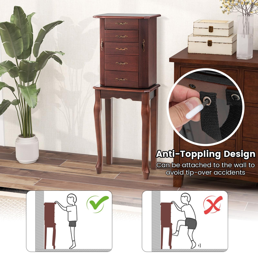 CHARMAID Standing Jewelry Organizer Cabinet with 4 Drawers, Top Storage Tray with Ring Slots, 2 Side Doors