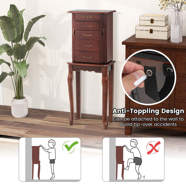 CHARMAID Standing Jewelry Organizer Cabinet with 4 Drawers, Top Storage Tray with Ring Slots, 2 Side Doors