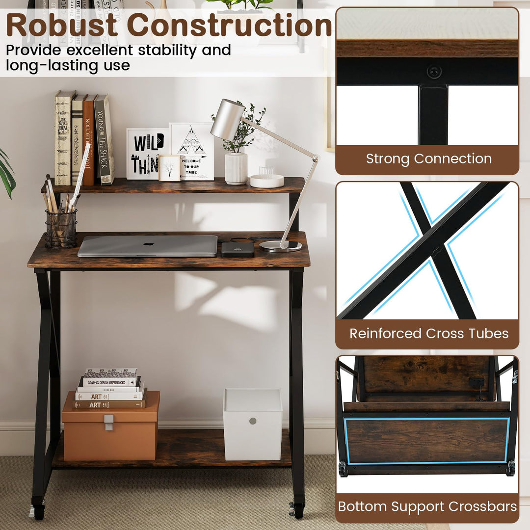 Giantex Rolling Small Desk with Storage | Compact Computer Desk for Small Spaces with Charging Station