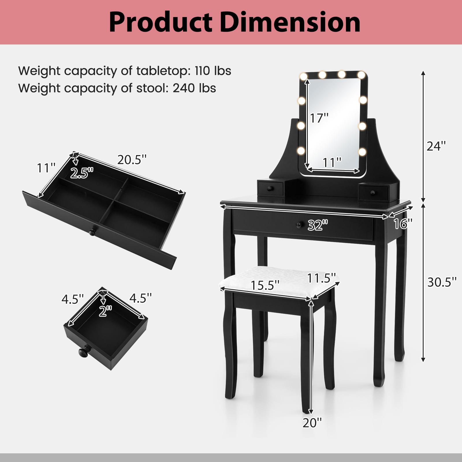 CHARMAID Makeup Vanity Desk with Lighted Mirror, 3 Color Lighting Modes, Adjustable Brightness, 3 Drawers