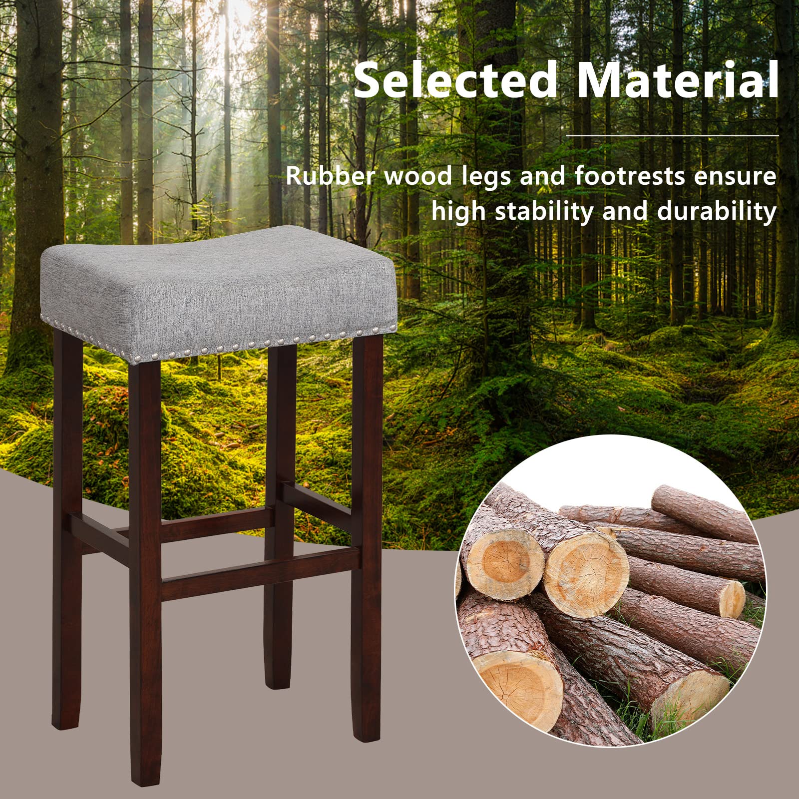 Giantex 29.5" Bar Height Bar Stools Set of 4 - Backless Saddle Barstools with Nailhead Linen Foam Seat