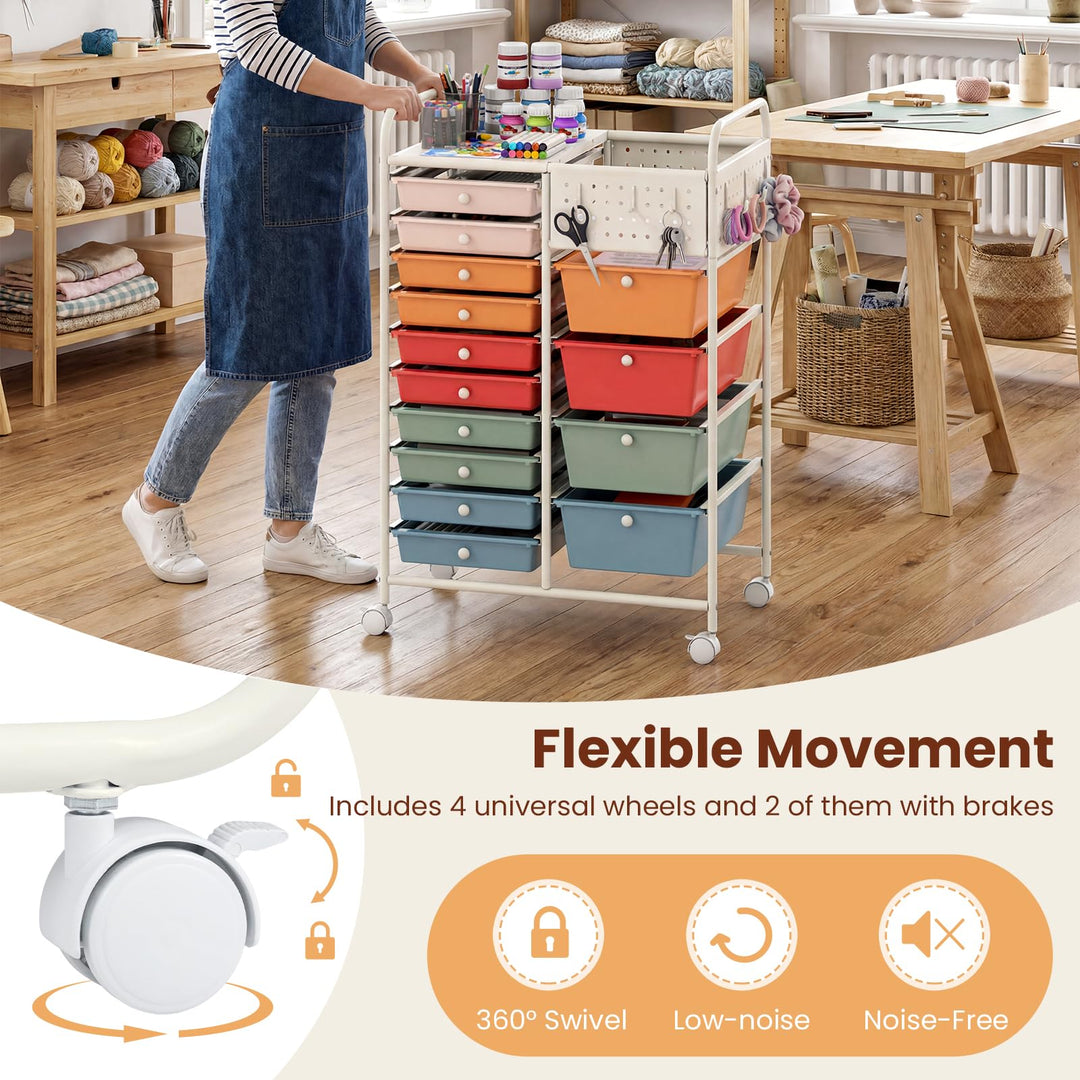 Giantex 14 Drawer Storage Cart | Rolling Craft Cart with Metal Tabletop &amp; Pegboard