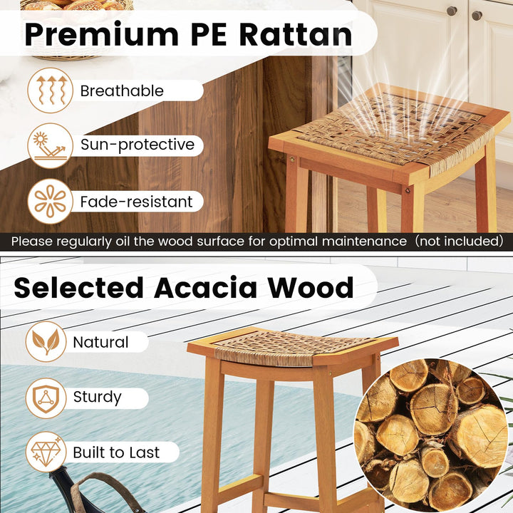 Giantex Outdoor Wooden 29" Bar Stools Set of 2/4 Backless Patio Barstools with PE Rattan Saddle Seat & Footrest