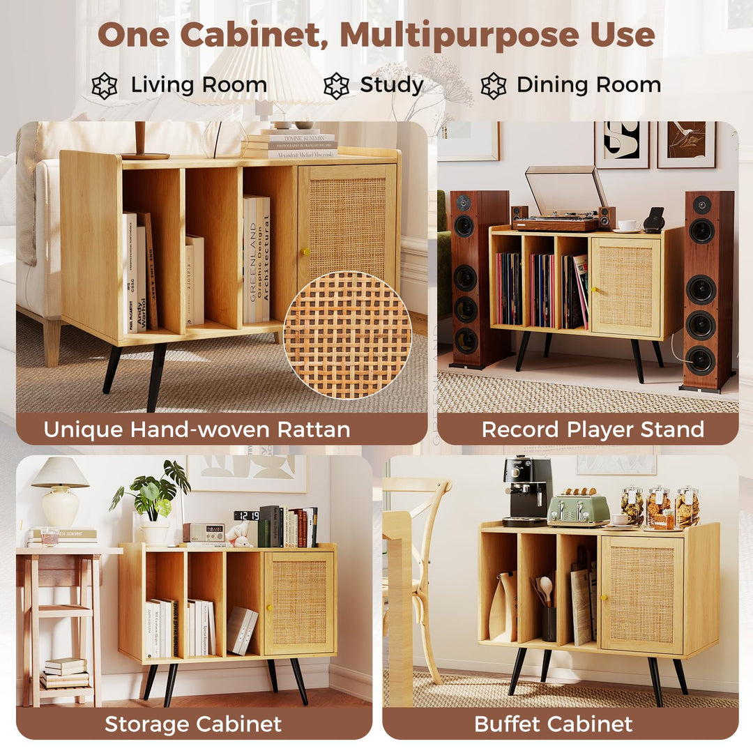 Giantex Record Player Stand w/ Charging Station w/ Rattan Cabinet (Natural)