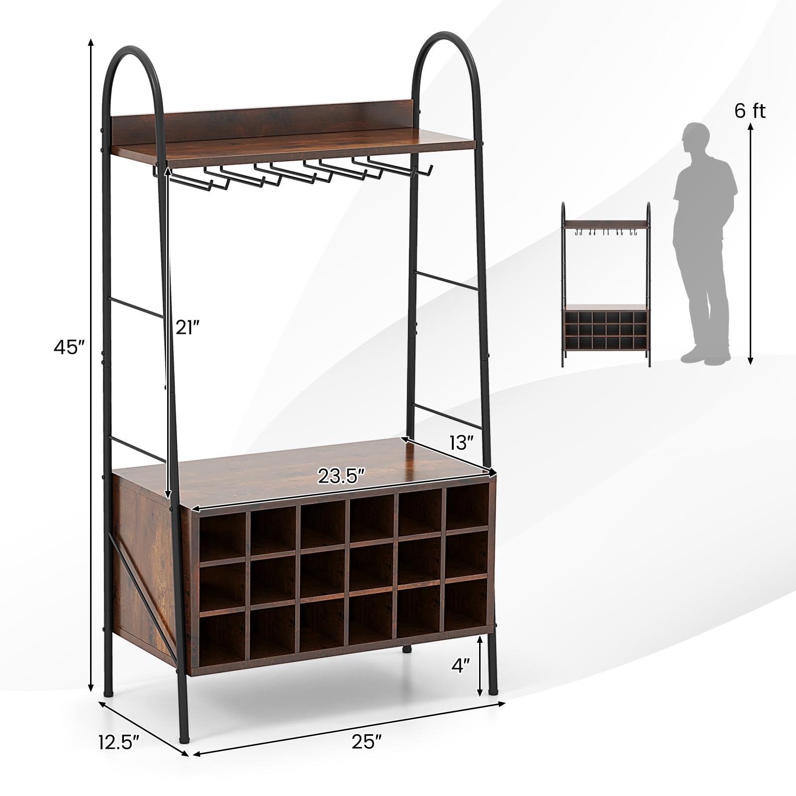Giantex 18-Bottle Wine Rack Freestanding Floor, Kitchen Baker’s Rack w/ 15 Glasses Holder, Rustic Brown