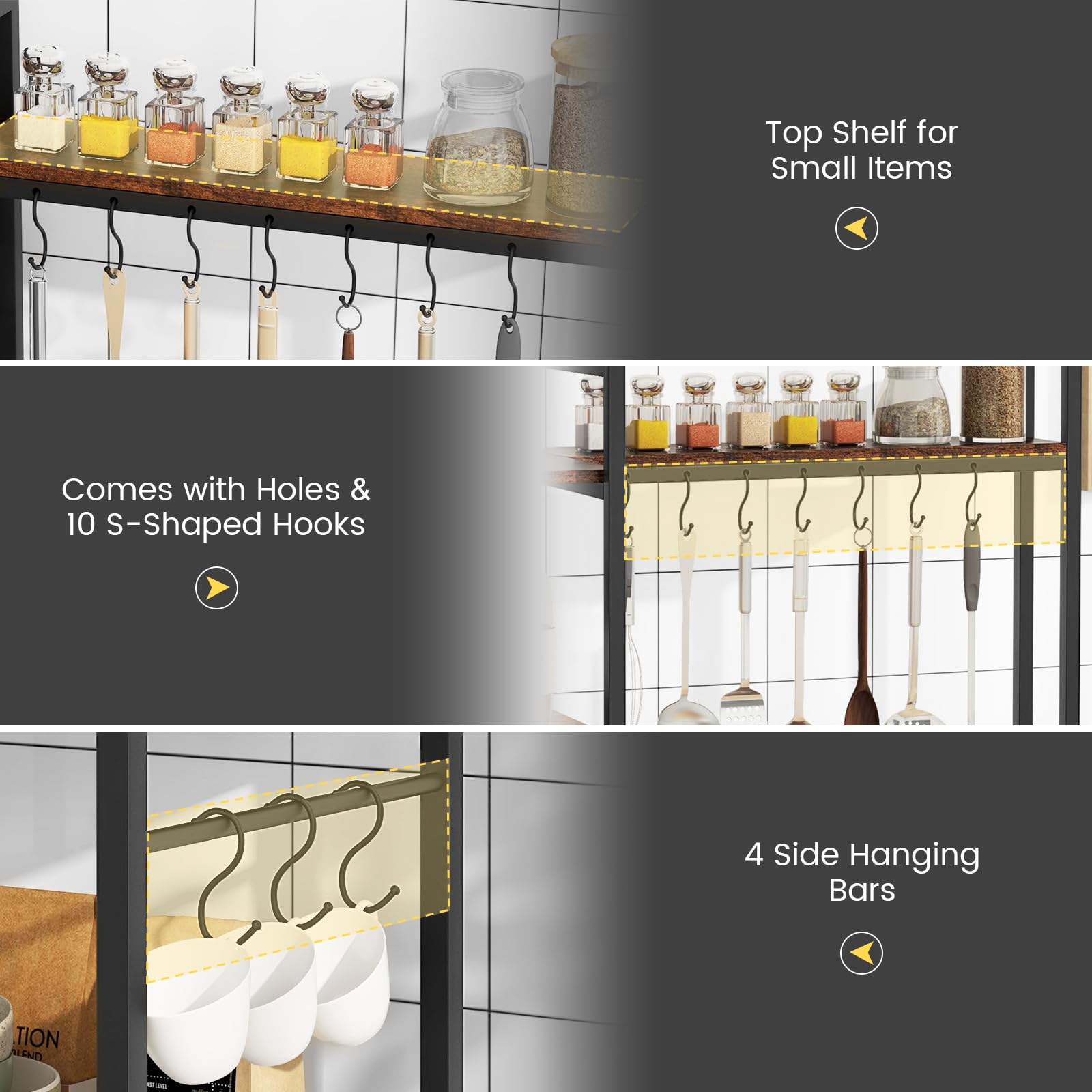Giantex Bakers Rack with Power Outlets, 5-Tier Coffee Bar Table Organizer w/ 10 S-Shaped Hooks, 63" Large Microwave Stand