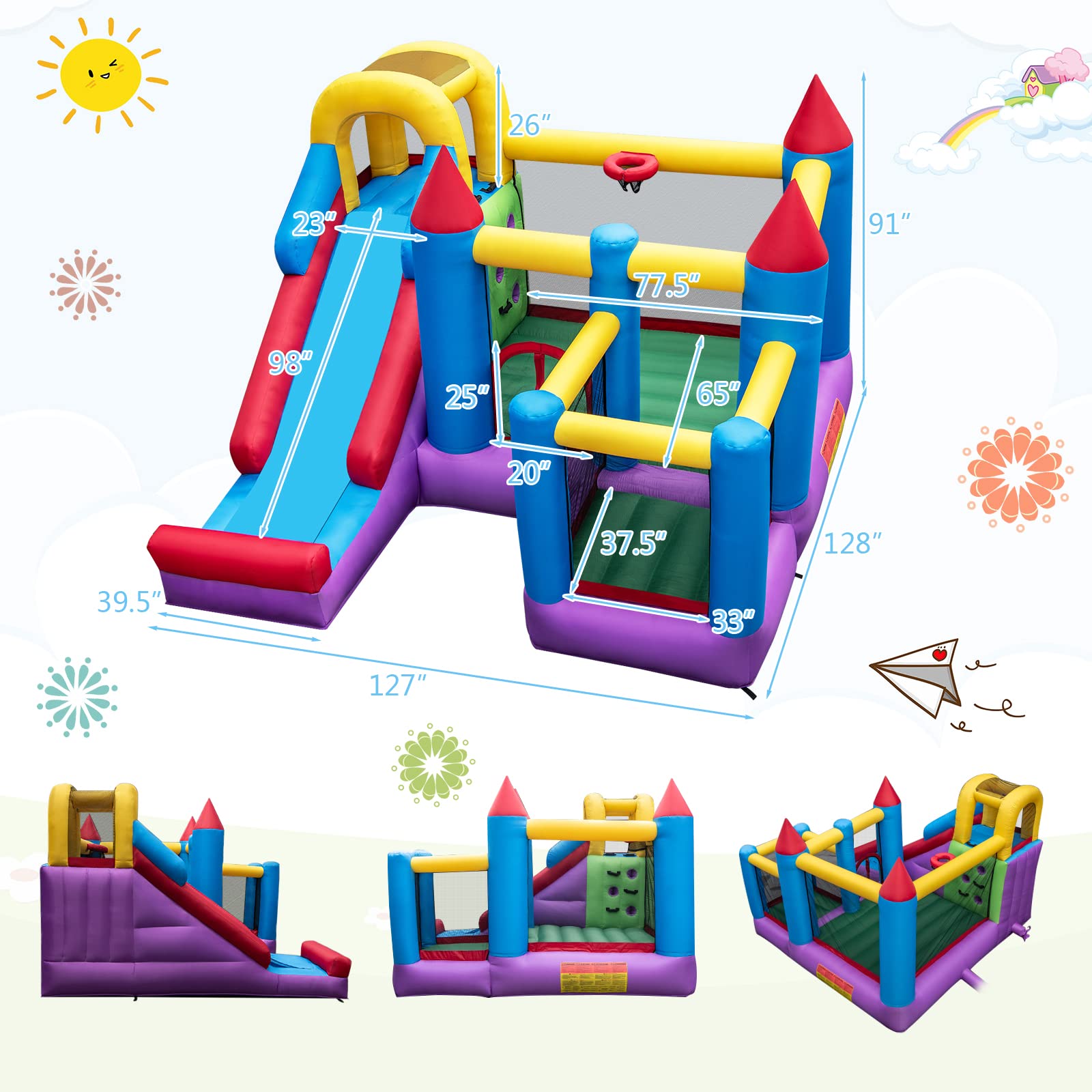 5-in-1 Inflatable Bounce Castle, Giant Blowup Jumping House with Slide for Kids w/735W Air Blower