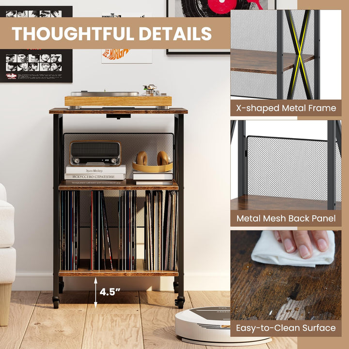 Giantex Record Player Stand with Charging Station Turntable Stand with Record Storage & 4 Rolling Wheels