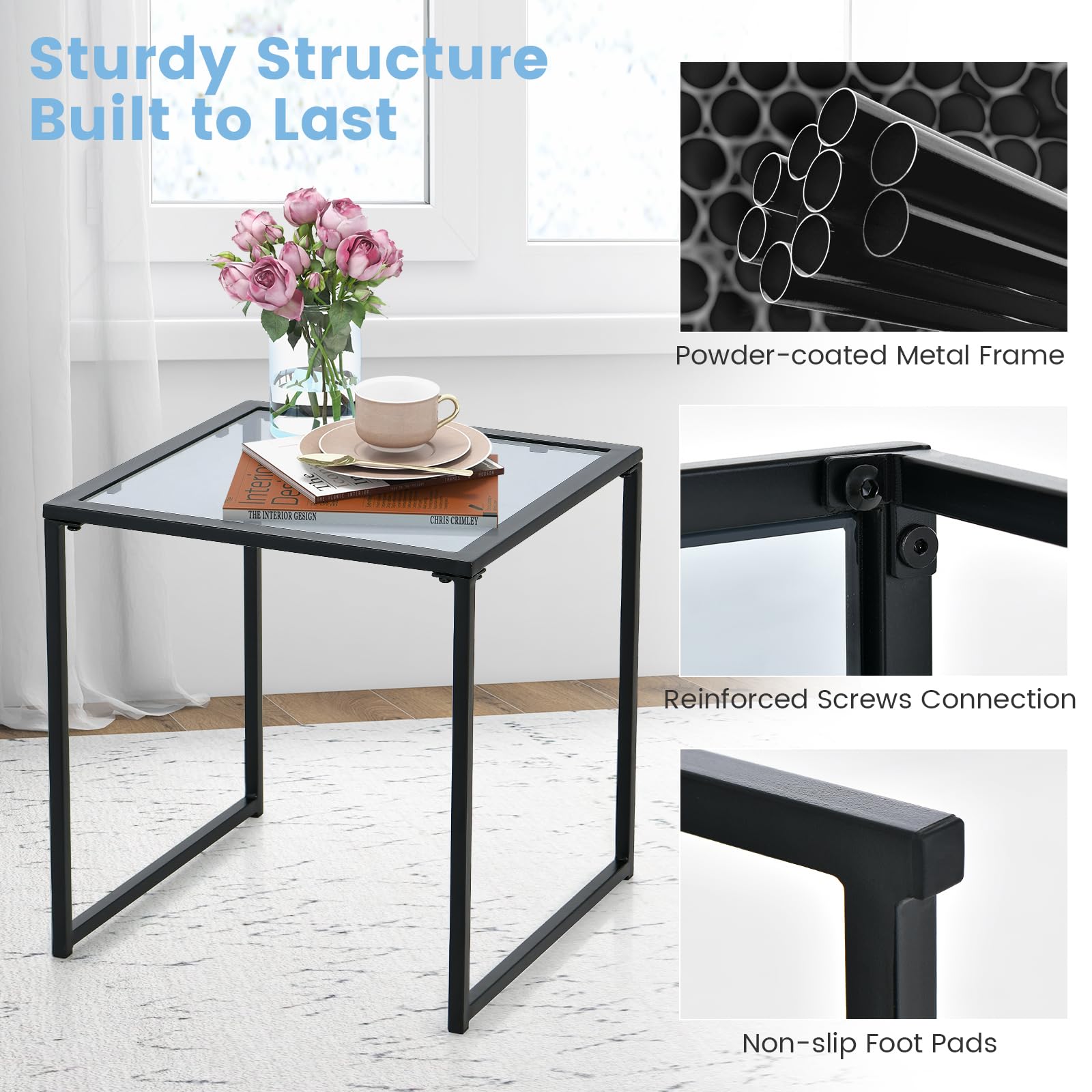 Giantex Outdoor 17” Square Table - Patio Tempered Glass End Table Side Table with Metal Frame