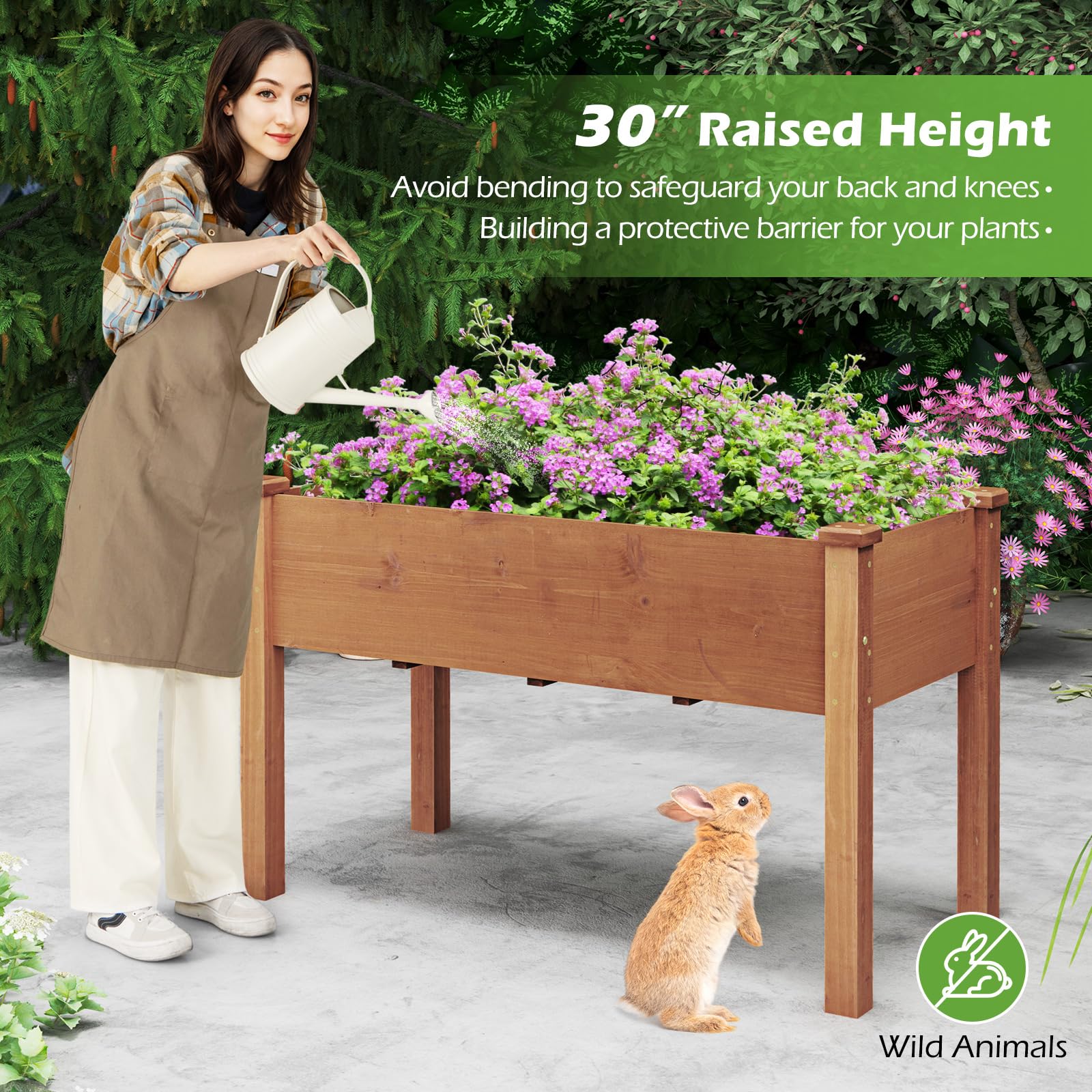 49" L x 23 W x 30 H Elevated Wood Planter Box with Protective Liner and Drain Hole